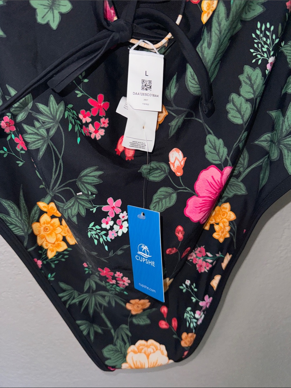 Cupshe Black Floral One-Piece Swimsuit with Green and Pink Accents - Picture 6 of 10
